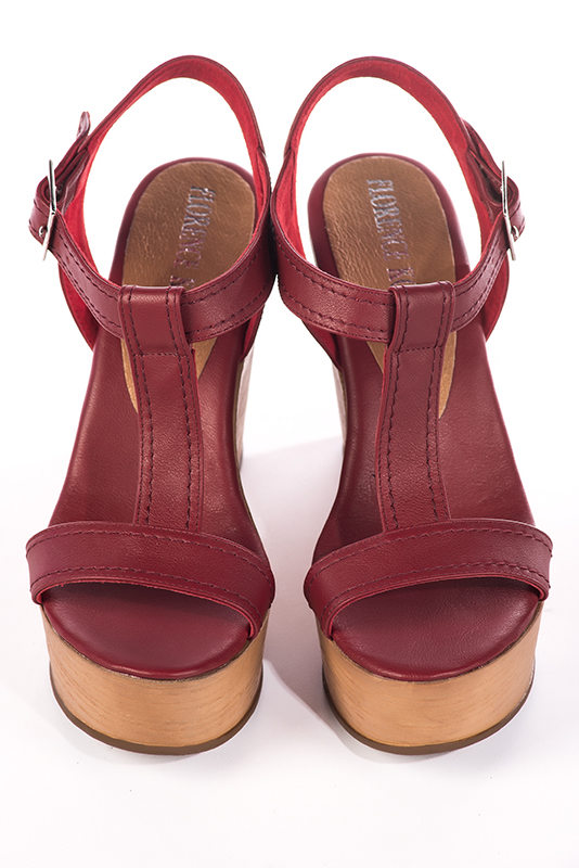 Cardinal red women's fully open sandals, with an instep strap. Round toe. Very high wedge soles. Top view - Florence KOOIJMAN